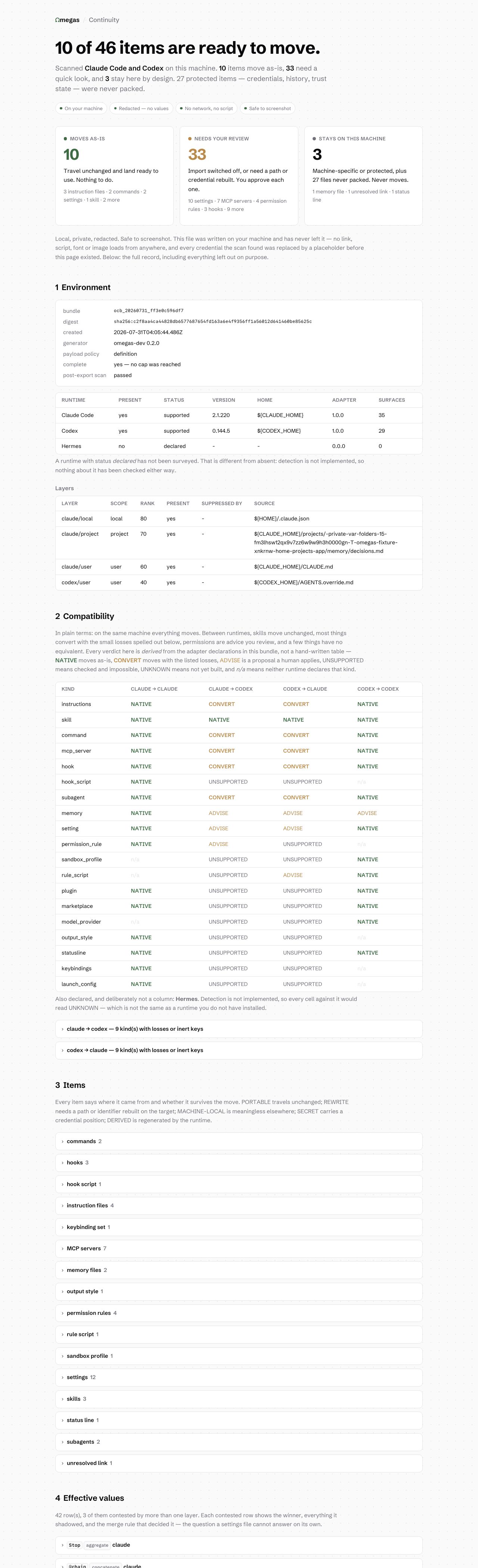 Full Continuity report showing environment, compatibility, items, effective values, redaction and refusals.